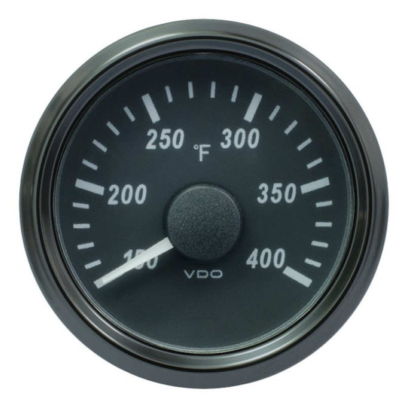 VDO SingleViu Cylinder Temperature 400°F Black 52mm Amber Lighted w Red Pointer gauge